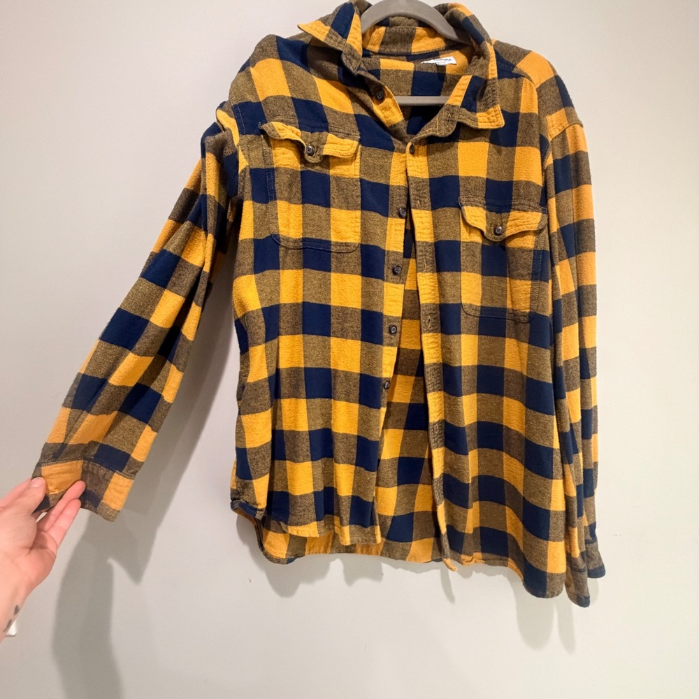 Sonoma Flannel Shirt Mens XL Yellow Blue Buffalo Plaid Minimalist Indie